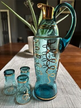 Vintage Bohemian Crystal Decanter Set with Gold Swirl Accents